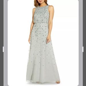 Adrianna Papell Beaded Sequined Halter Blouson Gown in Frosted Sage